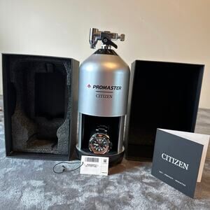 Citizen Promaster BJ7129-56E GMT Diver watch in a unique scuba tank-inspired box
